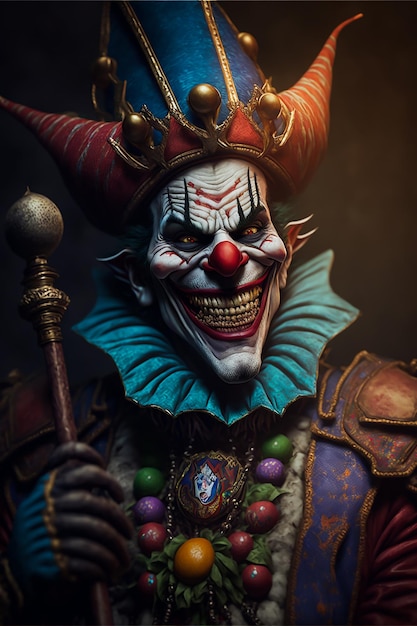 A Horror Classic clown in vintage costume suit and face makeup and creepy smile