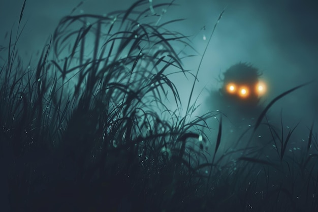 Photo a horror concept looking up through grass in a field at a scary supernatural entity with glowing