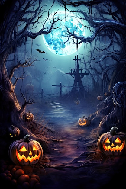 Horror Halloween background with autumn valley with woods pumpkins and spider web space for text