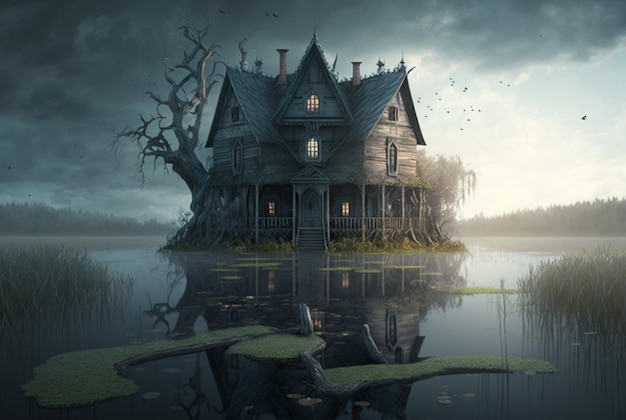 Horror house in swamp swamp generative ai