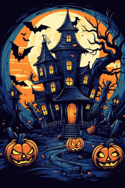 horror illustration Halloween poster of scary house and pumpkin