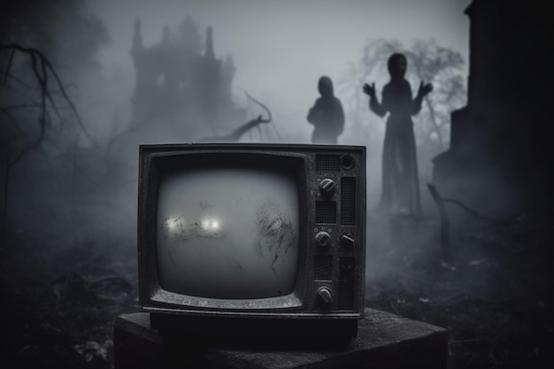 Horror photo of an old black scary haunted tv set with ghost hands on screen standing on dark foggy