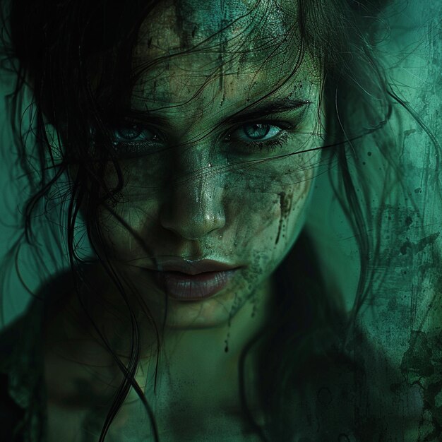 Photo horror survival game cover art portrait woman character scary horror green colour poster