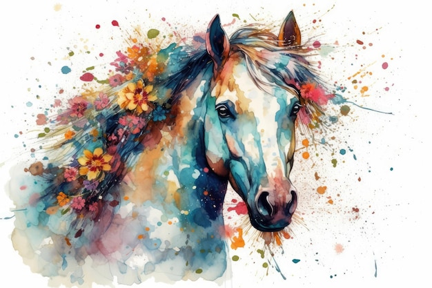 Horse adorned with flowers in a watercolor painting Generative AI