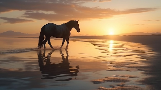 Horse on the beach at sunset with reflection in watergenerative ai