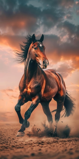 Horse Canter Active Bay Stallion Playing in Colourful Sandy Field Against Sunset Sky