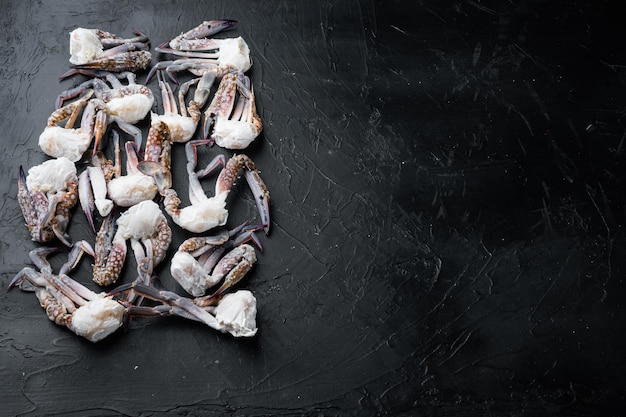 Horse crab, Blue crab, Flower crab frozen in ice set, on black background, top view flat lay , with copyspace  and space for text