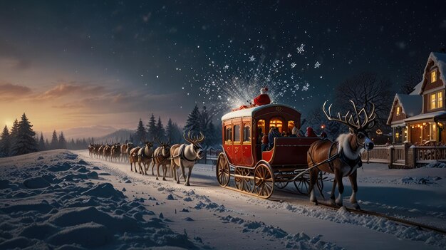 a horse drawn carriage is pulled by a reindeer