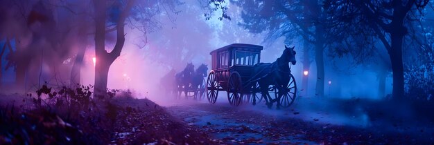 Photo horse drawn carriage in misty forest realistic image