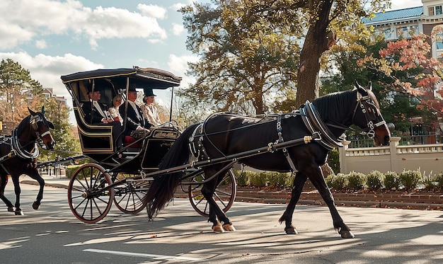 Photo a horse drawn carriage with people riding in the street