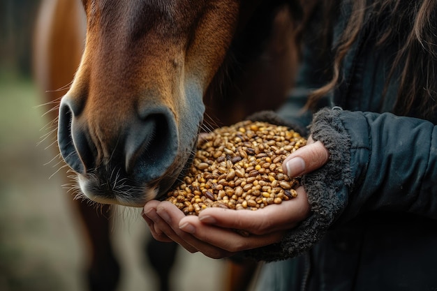 Photo horse eating cereals from hands of female farmer