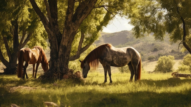 Horse eating grass next to a tree AI generated Image