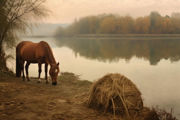 Horse eating hay near a peaceful river created with generative ai