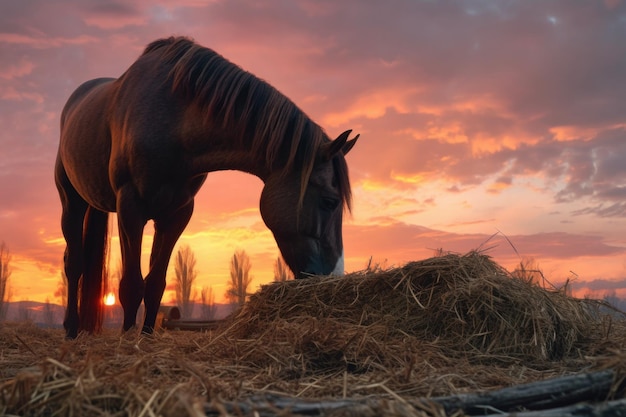 Horse eating hay with sunset in background created with generative ai