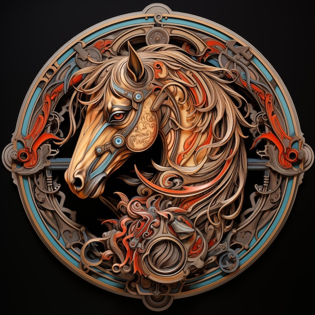 Horse Emblem in Circle 3 D Ornament Frame