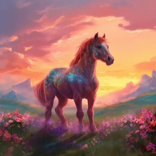 A horse in a field of flowers is standing in the sun.