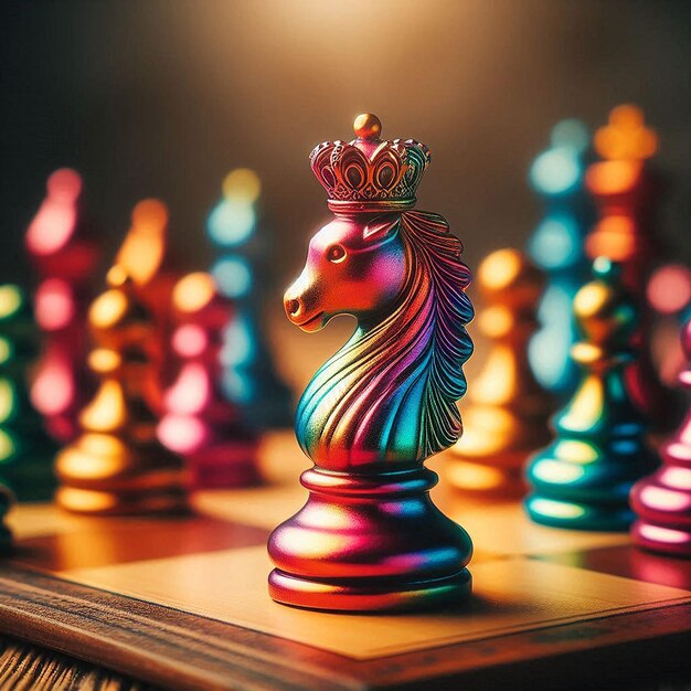 a horse figurine sits on a chess board with other chess pieces