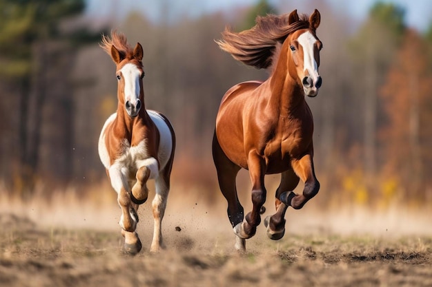 Horse and foal enjoying a playful romp in a pasture