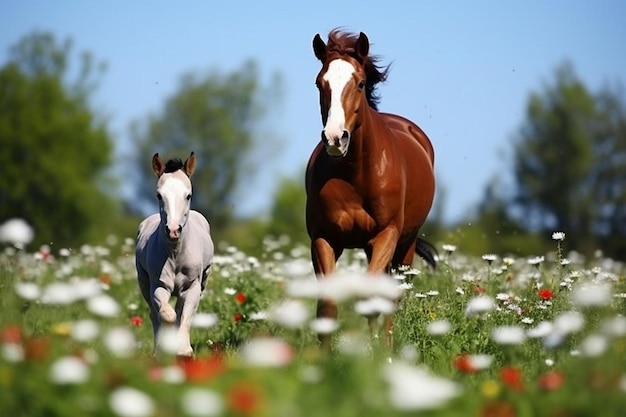 Horse and foal frolicking in a springtime meadow