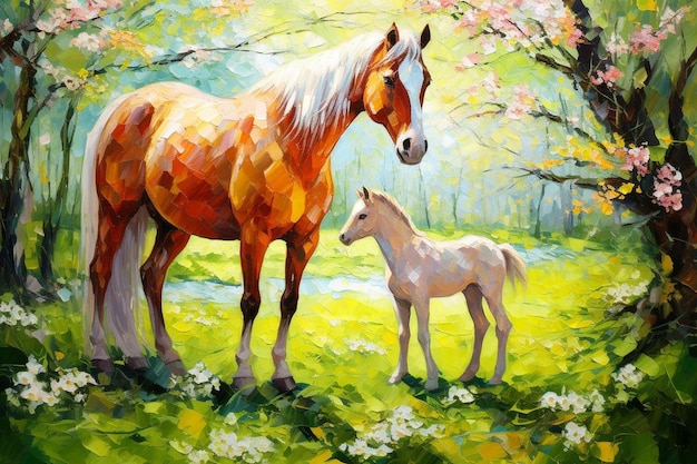 Horse and foal in spring pasture