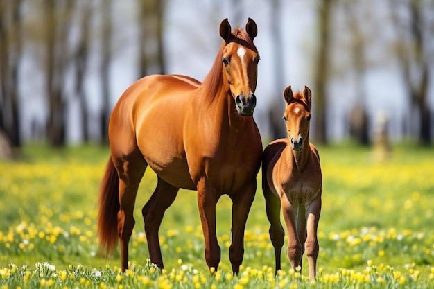 Horse and foal in spring pasture