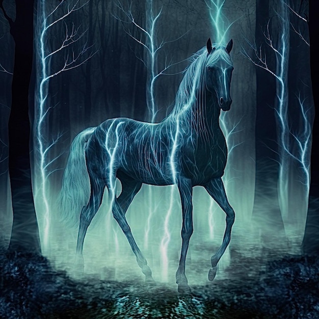 A horse in a forest with lightning on the back