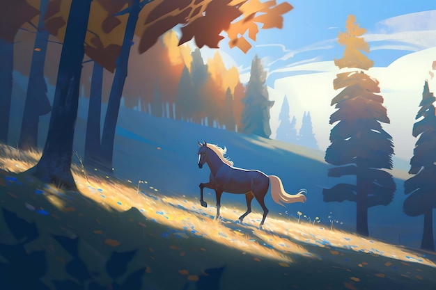 A horse in a forest with the sun shining on it.