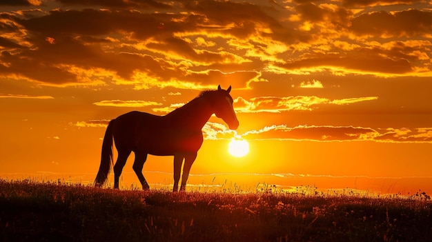 Horse in Golden Field at Sunset horses in field