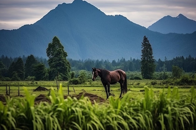 Horse grazing peacefully in a lush green pasture