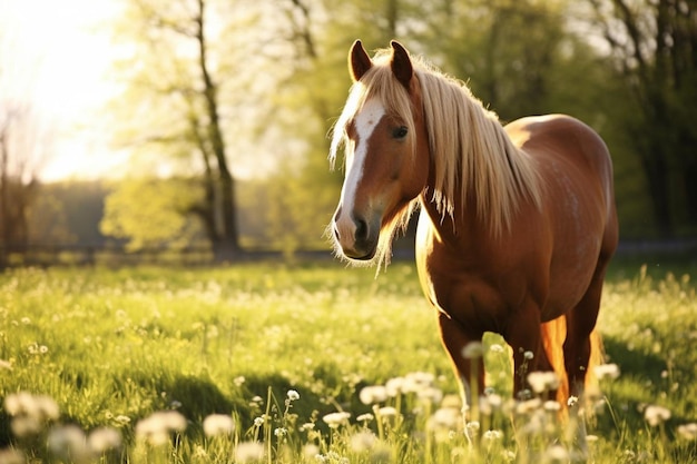 Horse grazing peacefully in a sunlit pasture dotted