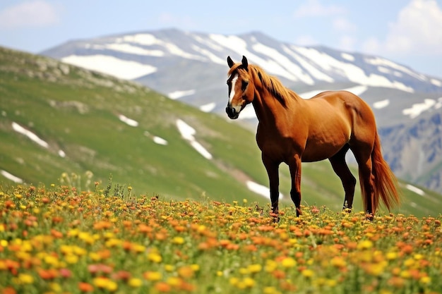 Horse grazing in a picturesque alpine meadow