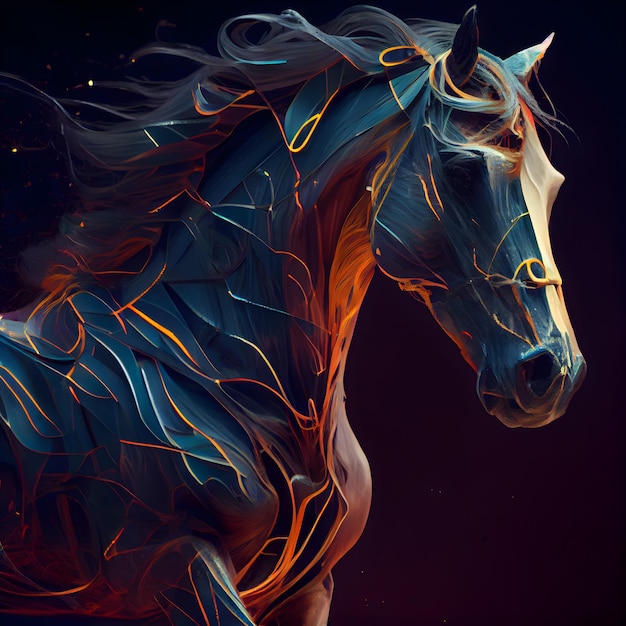 Horse head with abstract fire lines Fantasy art Digital painting