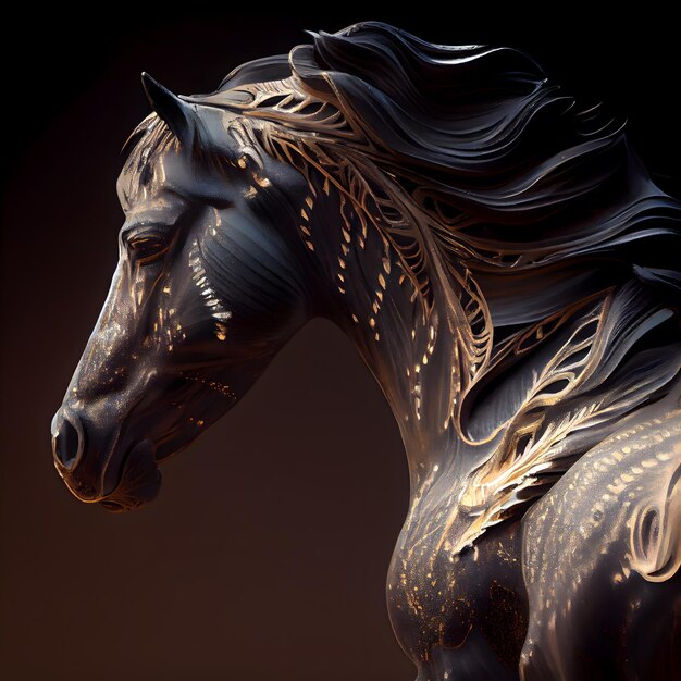 Horse head with golden lines on black background 3D rendering