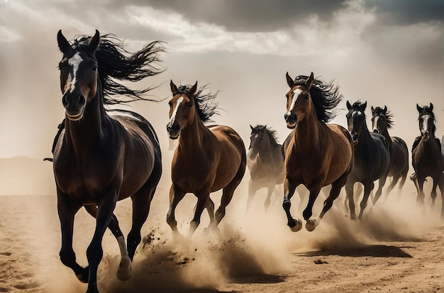 Horse herd galloping on sandy dust against sky