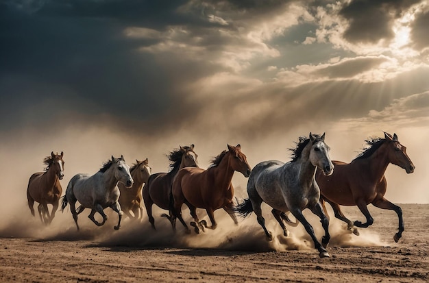 Horse herd galloping on sandy dust against sky