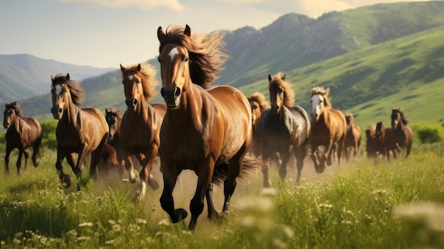 Horse herd run in beautiful green meadow