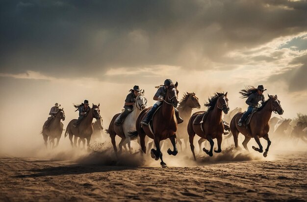 Horse herd run in desert sand storm against dramatic sky