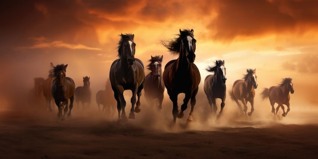 Horse herd run in desert sand storm against dramatic sunset sky