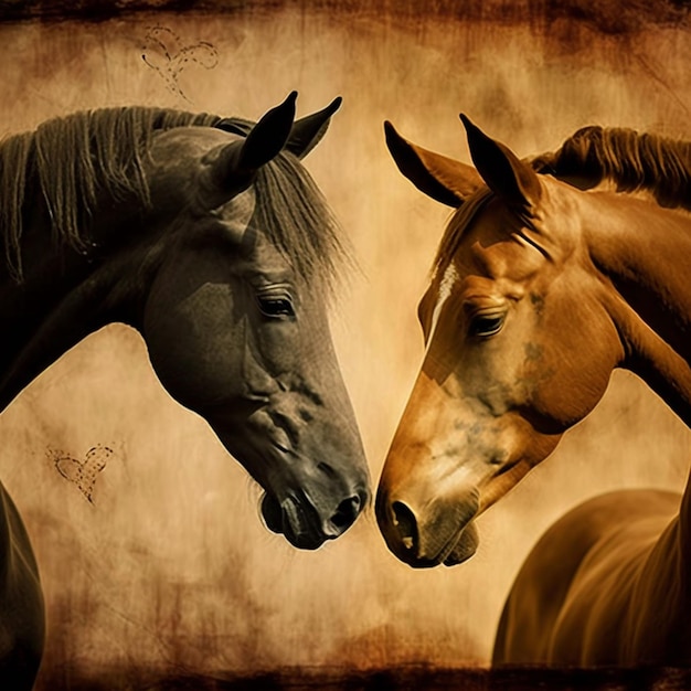 A horse and a horse are facing each other.