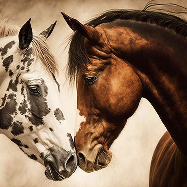 A horse and a horse are looking at each other.