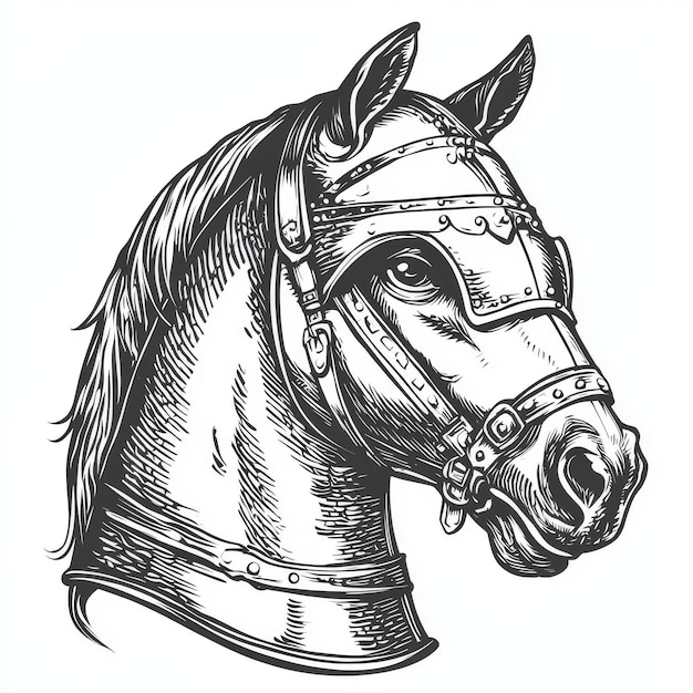 Photo horse illustrated in black and white with a helmet on the head illustration for cover card postcard poster brochure or print