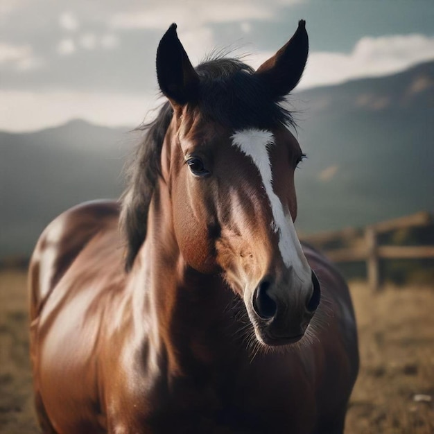 a horse is in a field with mountains in the background