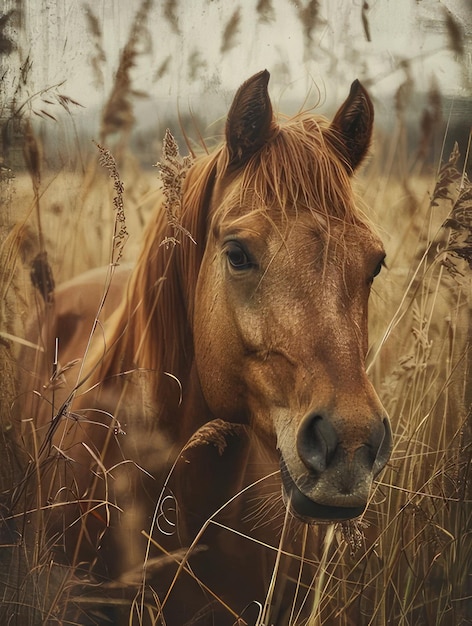 Photo a horse is in a field with tall grass