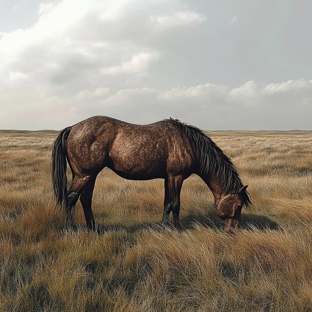 Photo a horse is grazing in a field with a sky background