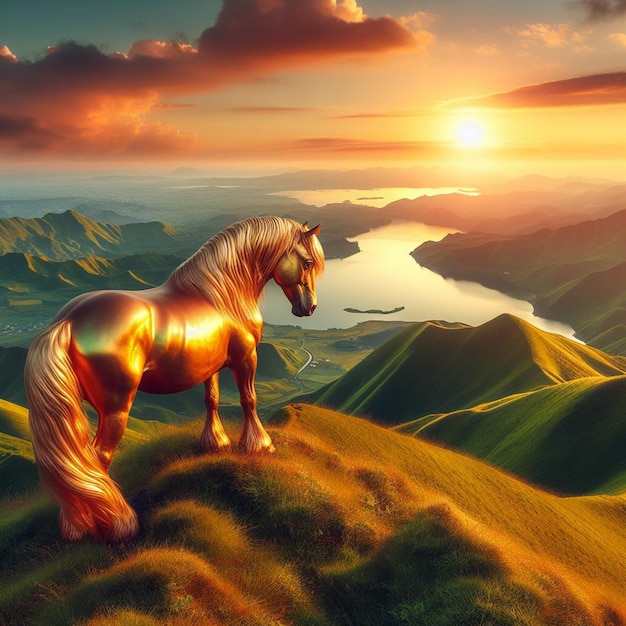 a horse is on a mountain with the sun setting behind it