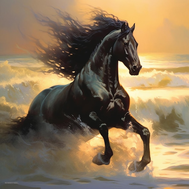 A horse is running on the beach with the wind blowing on its tail.