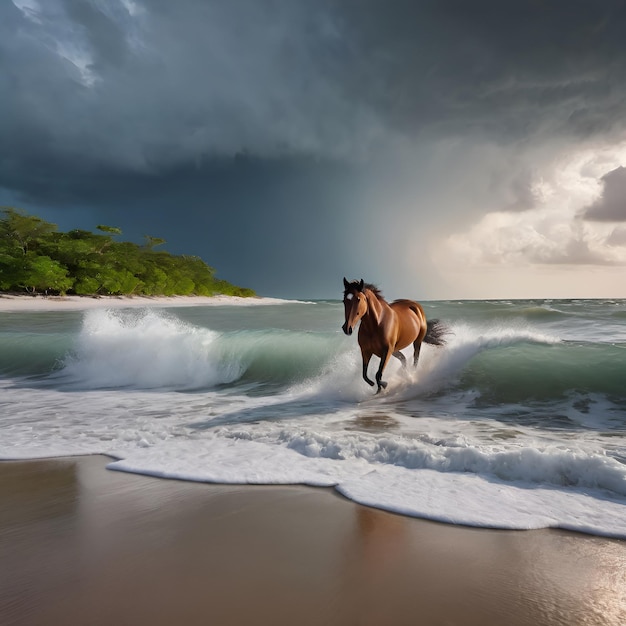 a horse is running in the water near the beach