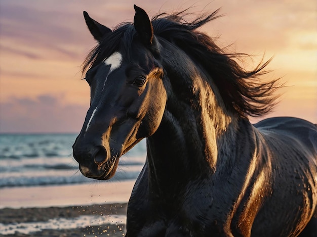 a horse is standing on a beach with the sun setting behind it