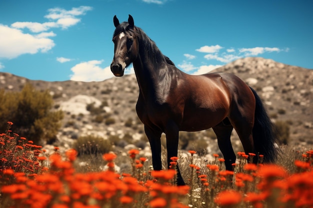 a horse is standing in a field of flowers