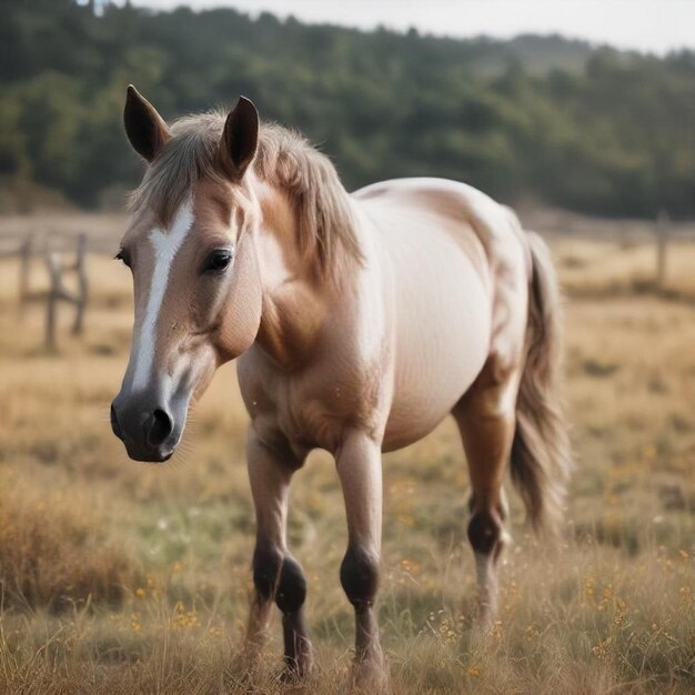 a horse is standing in a field with a fence in the background